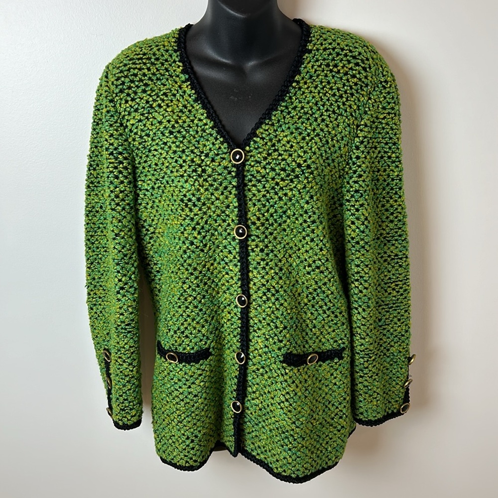 Leamond Dean Vintage Sweater Cardigan Green Black Buttons Pockets Sz 8